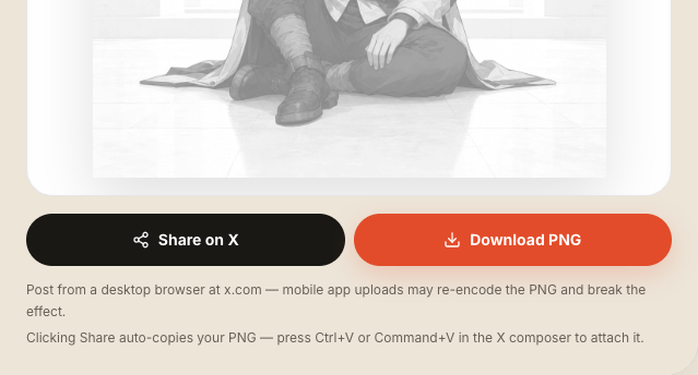 Share on X and Download PNG buttons beneath the finished tap and hold preview